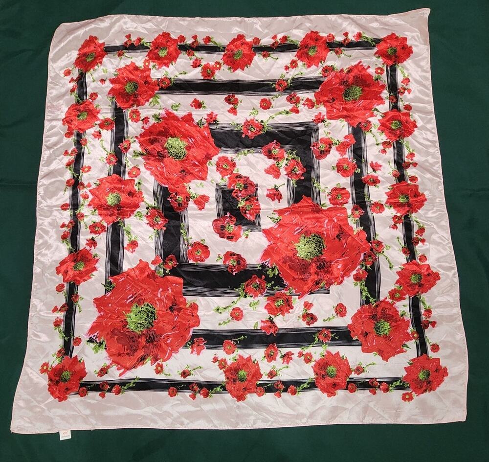 Vintage Style Red Poppy Square Scarf 34" Black White Geometric Border Pink